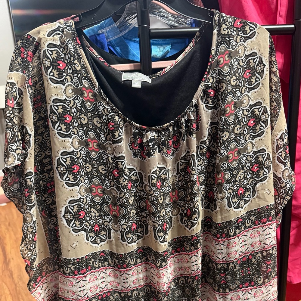 JM Collection Beige Floral Print Blouse with Black and Pink Accents